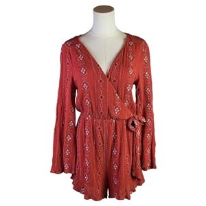 Miami Rust Boho Embroidered Wrap Romper M Bell Sleeve Festival Summer